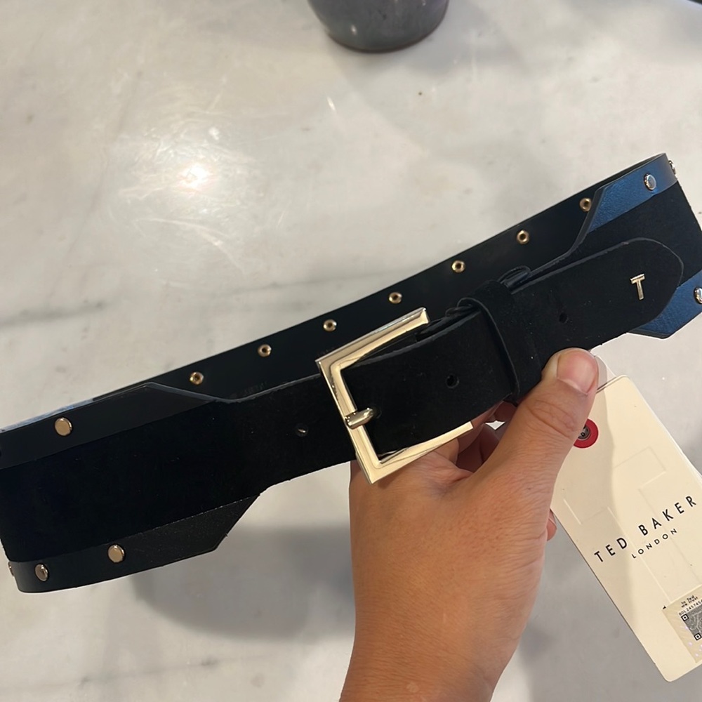 Ted Baker London black leather belt with suede and rivet accents